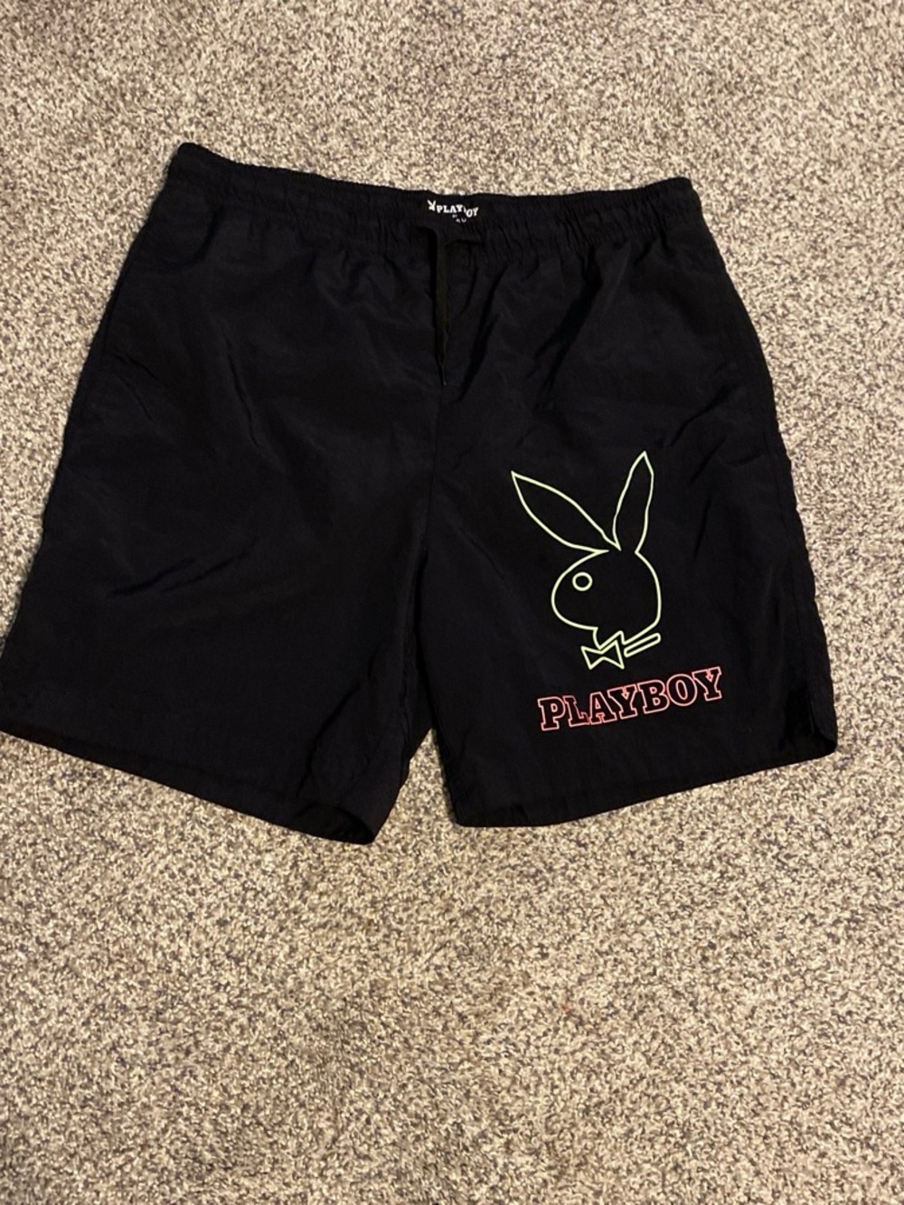 PLAYBOY by Pacsun Mens Black Swim Shorts with Neon Bunny Outline Size M